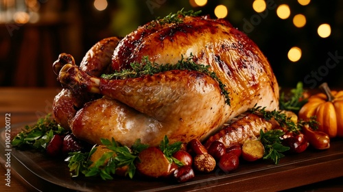 Golden brown roasted turkey garnished with herbs and apples. A warm and festive holiday feast setting, perfect for Thanksgiving or Christmas dinners.