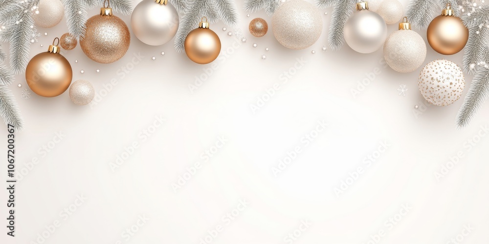 Elegant white and gold Christmas ornaments on a snowy fir branch. A bright and minimalist holiday background for festive designs. Elegant white and gold Christmas ornaments on a snowy fir branch. A bright and minimalist holiday background for festive designs.