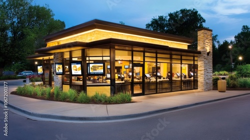 Modern Fast Food Restaurant Exterior at Dusk With Illuminated Signage and Glass Walls