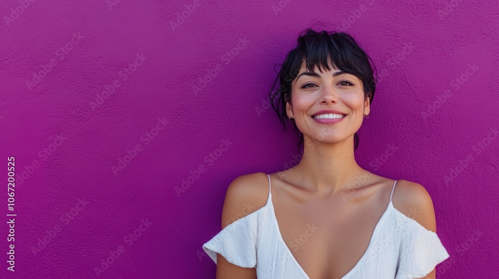 Charming woman in casual attire, vibrant purple background, smiling with joy and positivity Charming woman in casual attire, vibrant purple background, smiling with joy and positivity