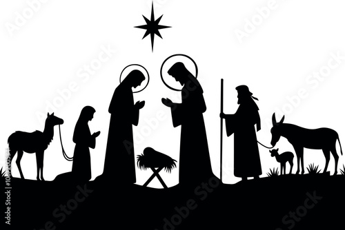 Christmas nativity scene with baby Jesus, Mary and Joseph in the manger.Traditional christian christmas story. Vector illustration