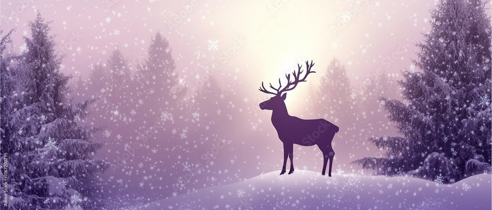 Reindeer silhouette in the snowy forest, positioned on a small snowy rise, silhouetted against a soft lavender twilight sky, with snowflakes gently swirling.