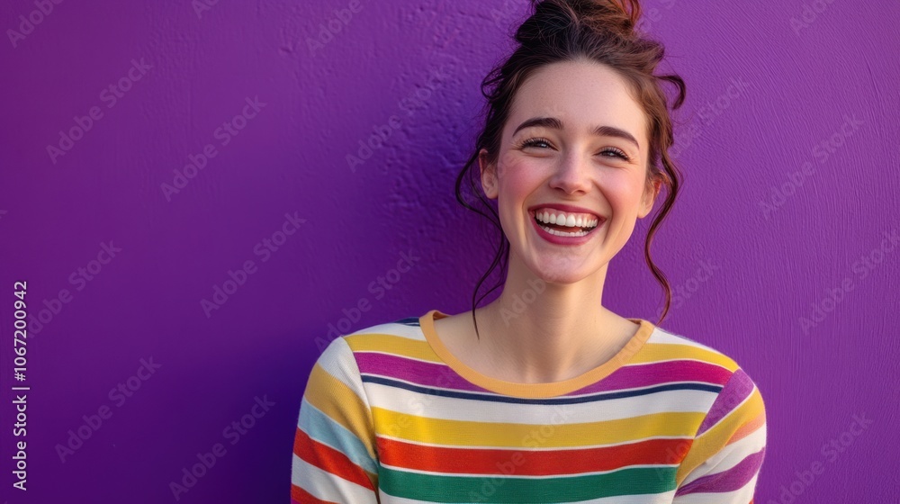 Cheerful woman in a colorful environment, wearing striped shirt, vibrant purple background full of energy Cheerful woman in a colorful environment, wearing striped shirt, vibrant purple background full of energy