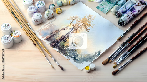 Watercolor painting supplies on a wooden table. photo