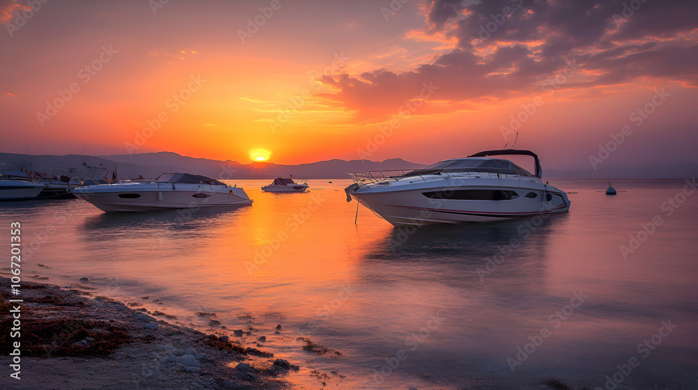 A beautiful sunset over a calm lake with several boats anchored. A beautiful sunset over a calm lake with several boats anchored.