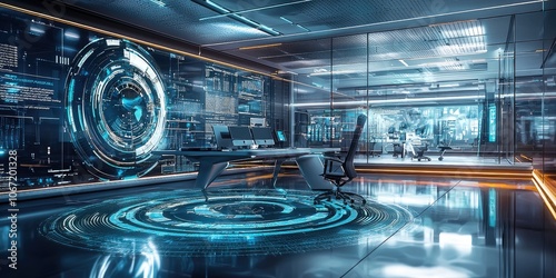 High-tech futuristic office interior with advanced technology and sleek design elements.