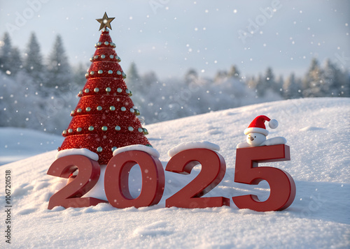 Hat Christmas tree and 3D red 2025 on snow. Generative AI 