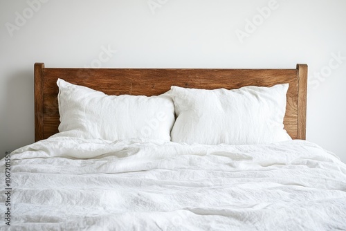 A bed with white linen sheets and two pillows, white background, minimalist, modern design, pure wood texture