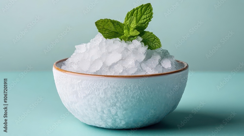 Crushed ice served in a frosted bowl with mint leaves sprinkled on top Crushed ice served in a frosted bowl with mint leaves sprinkled on top