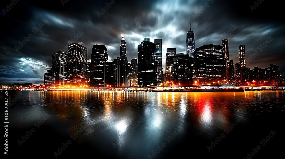 Fototapeta premium Cityscape reflection captivates urban nightlife