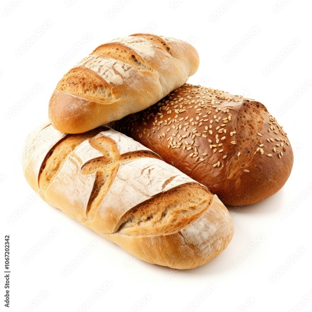 Fresh homemade breads loaves food bun white background.