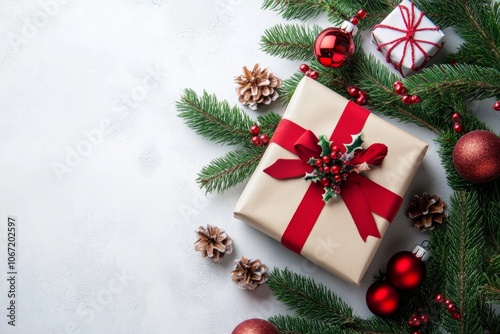 A wrapped gift box with a red ribbon surrounded by pine branches, pinecones, and baubles. A simple festive arrangement on a light background.