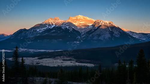 A majestic mountain range bathed in the golden light of sunrise, with a foreground of snow-covered fields and a line of evergreen trees.