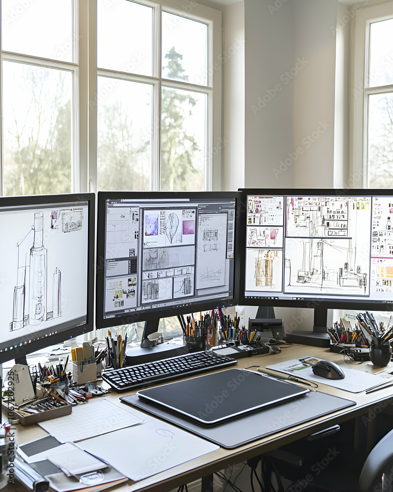 A modern home office workspace with three computer monitors, a keyboard, mouse, and desk supplies. A modern home office workspace with three computer monitors, a keyboard, mouse, and desk supplies.