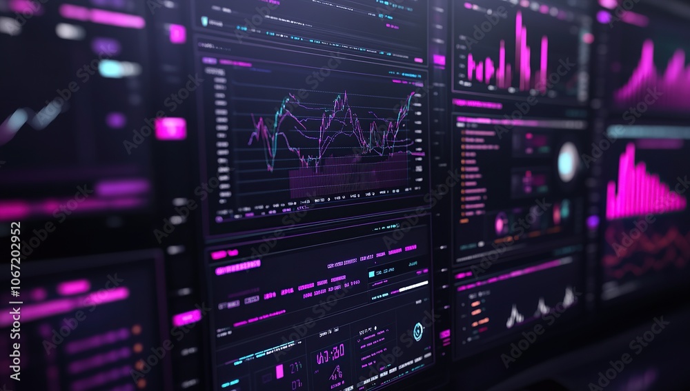 A close-up of multiple computer screens displaying dynamic data visualizations and graphs A close-up of multiple computer screens displaying dynamic data visualizations and graphs