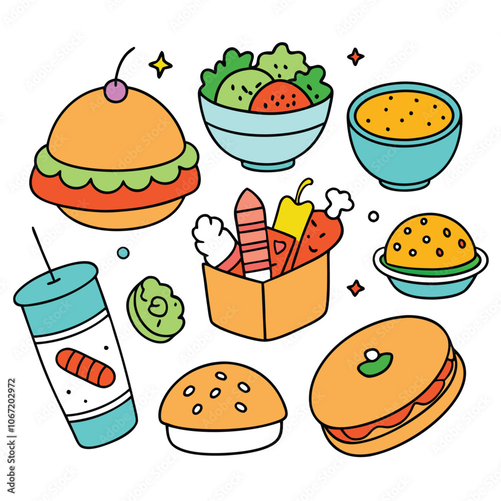 Hand drawn lunch food vector art collection on white background for healthy food project Hand drawn lunch food vector art collection on white background for healthy food project