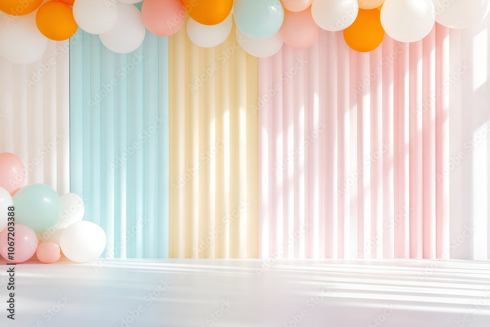 Birthday balloons hanging across a wall, layout with copy space Birthday balloons hanging across a wall, layout with copy space