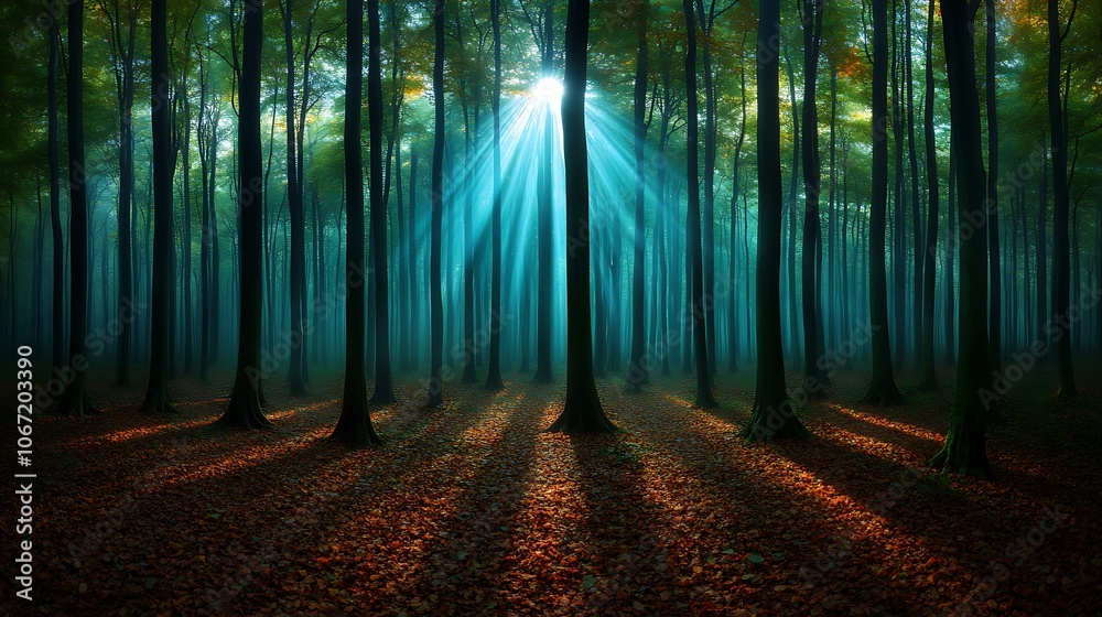 Naklejka premium Sunlight illuminates a serene forest grove