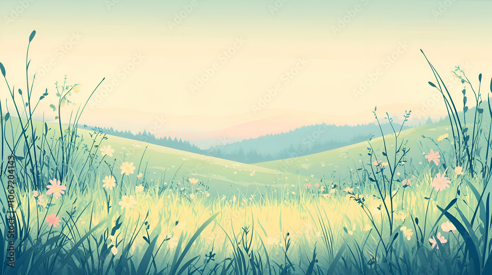 Obraz premium A vibrant meadow with wildflowers and a hazy mountain range in the background, bathed in the soft light of sunrise or sunset.