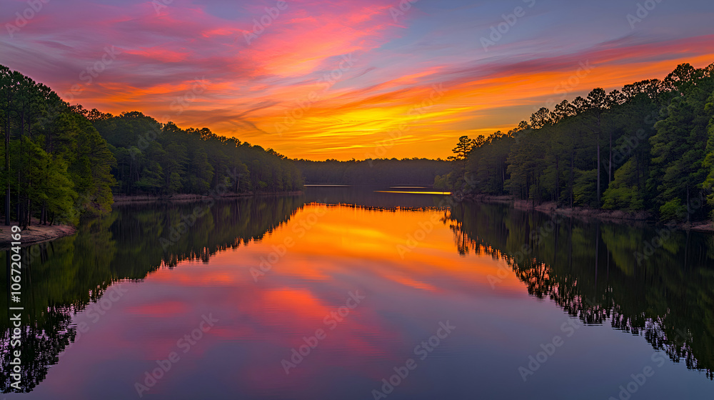 A vibrant sunset over a still lake, reflecting the colors of the sky in the water. A vibrant sunset over a still lake, reflecting the colors of the sky in the water.