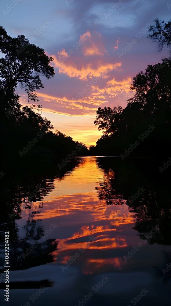 A vibrant sunset casts its glow onto a calm river, reflecting the colors of the sky in the water. The silhouette of trees line the banks, creating a serene and peaceful scene. A vibrant sunset casts its glow onto a calm river, reflecting the colors of the sky in the water. The silhouette of trees line the banks, creating a serene and peaceful scene.