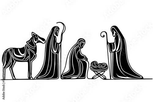 Christmas nativity scene with baby Jesus, Mary and Joseph in the manger.Traditional christian christmas story. Vector illustration