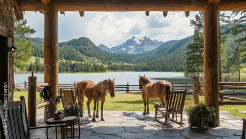 Horses in a serene log cabin porch overlooking a mountain lake landscape