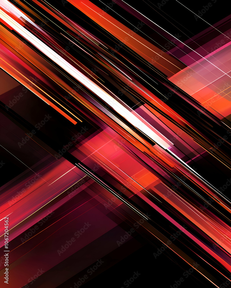 Abstract background with diagonal red and orange lines and white highlights on a black background. Abstract background with diagonal red and orange lines and white highlights on a black background.
