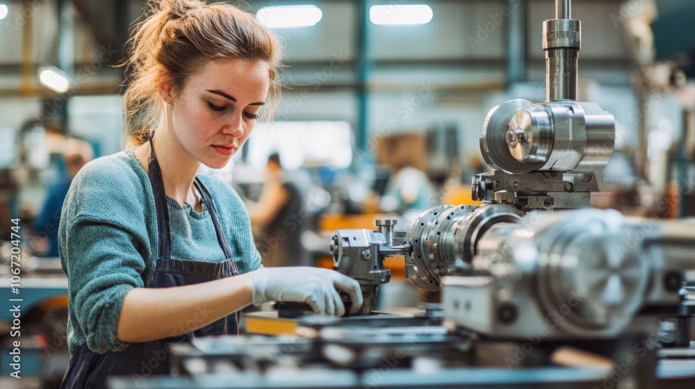 Female engineer working on a cnc machine in a factory