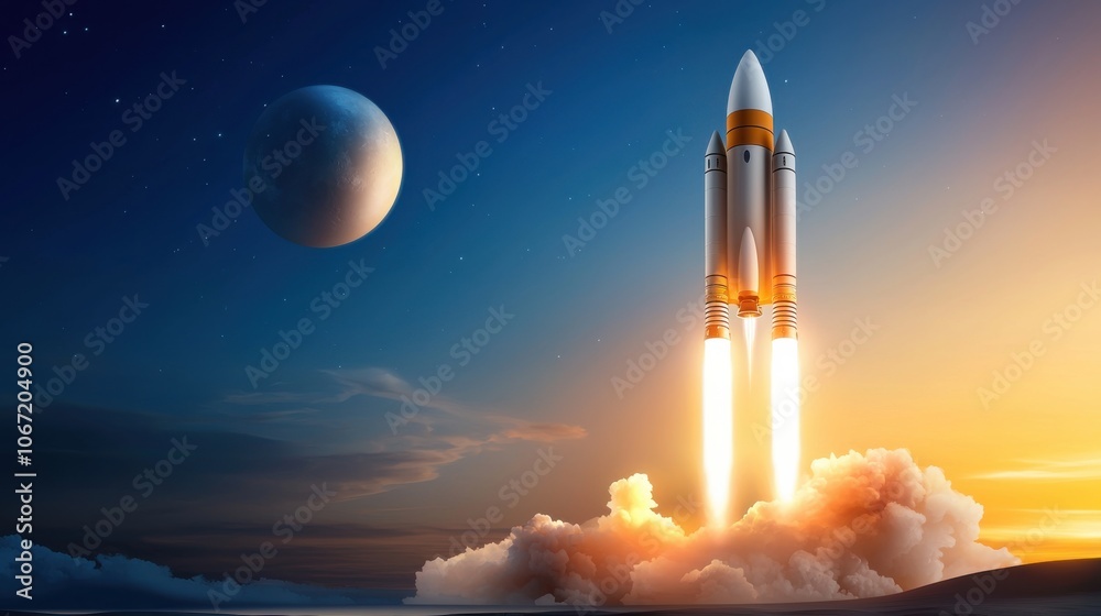 Futuristic Rocket Launch from Sleek Spaceport Futuristic Rocket Launch from Sleek Spaceport