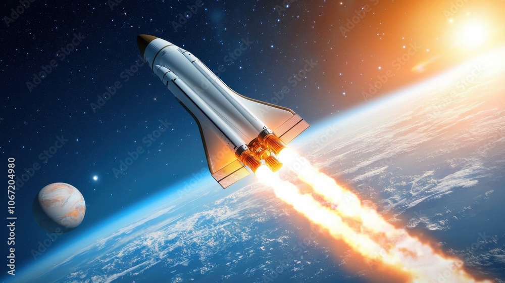 Fototapeta premium Sleek Rocket Launching from Futuristic Spaceport