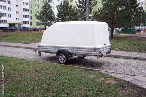 White car trailer standing on the street.  Cargo and storage transportation concept. Trailer covered with plastic lid. 