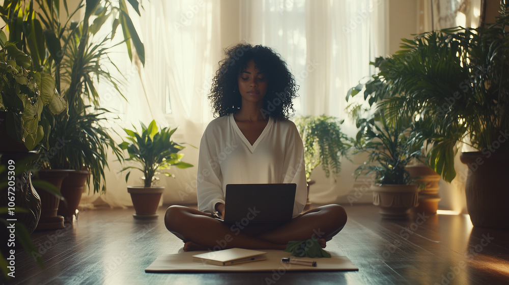 Woman Sitting Cross-Legged on Floor with Laptop and Houseplants