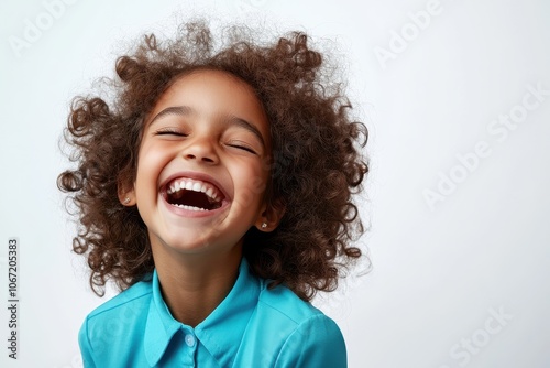 Portrait of a smiling mixed-race girl with curly hair against white background