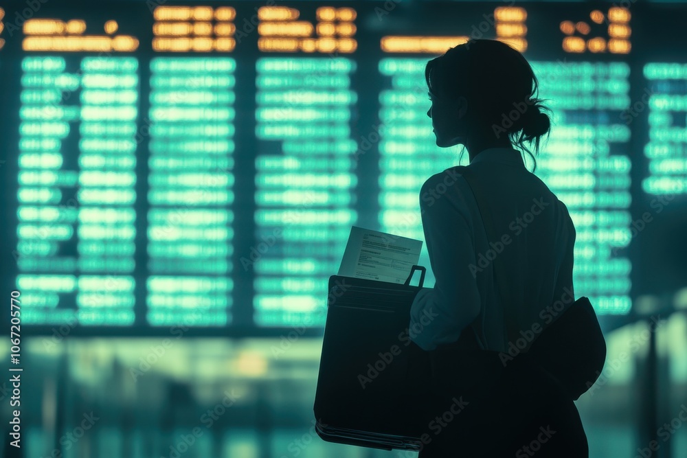 Businesswoman preparing for a flight in a busy airport terminal Businesswoman preparing for a flight in a busy airport terminal