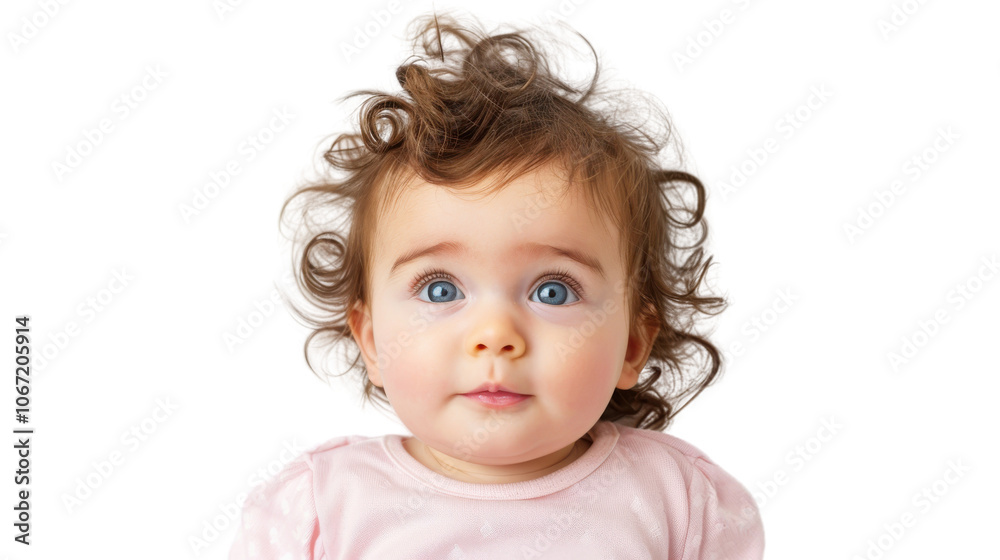 Adorable baby with curly hair and big blue eyes, white isolate background. Adorable baby with curly hair and big blue eyes, white isolate background.