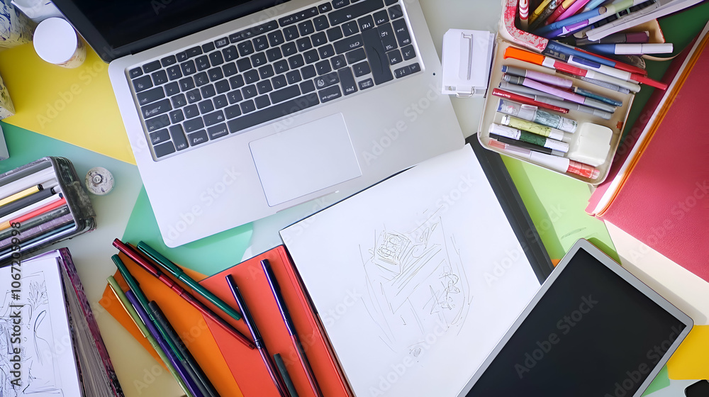 Flat lay of a creative workspace with a laptop, tablet, pencils, and sketchbooks. Flat lay of a creative workspace with a laptop, tablet, pencils, and sketchbooks.