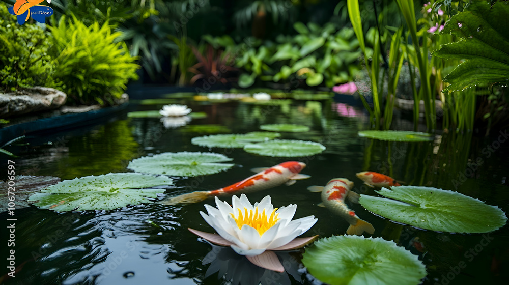 Koi fish swim in a serene pond with water lilies. Koi fish swim in a serene pond with water lilies.