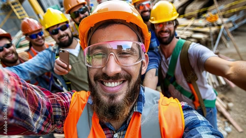 Always the life of the job site a construction worker strikes a playful pose in a group selfie with his coworkers showcasing their strong camaraderie and teamwork. Always the life of the job site a construction worker strikes a playful pose in a group selfie with his coworkers showcasing their strong camaraderie and teamwork.