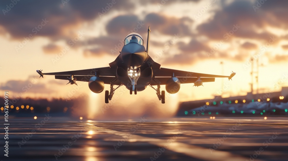 Naklejka premium Futuristic Jet Fighter Taking Off Vertically at Sunset