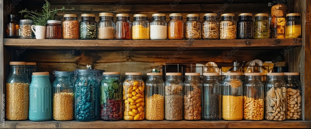 Assortment of Dried Goods in Glass Jars on Wooden Shelves Assortment of Dried Goods in Glass Jars on Wooden Shelves