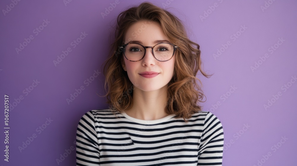 Cute woman in striped clothing, soft purple background, cheerful and full of positive energy Cute woman in striped clothing, soft purple background, cheerful and full of positive energy