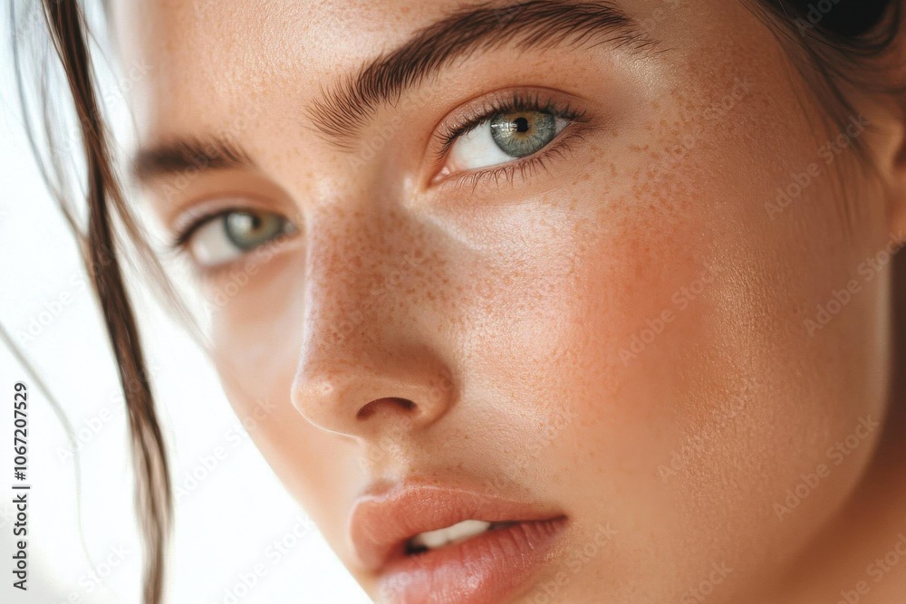 Fototapeta premium Intimate portrait of a woman's visage showcasing her radiant complexion and simple skincare routine. Natural model captures the spirit of elegance, fashion, appearance, and self-pampering techniques