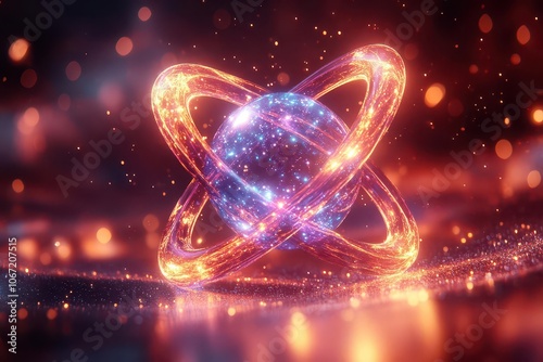 3d render of a glowing atom structure with vibrant blue and purple hues radiating against an intense orange background symbolizing energy and the fundamental nature of matter photo