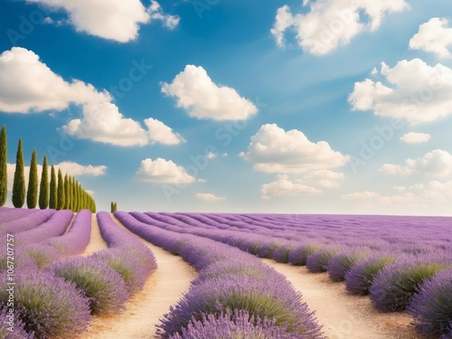 A peaceful lavender field under a blue sky with clouds takes visitors along a winding path during a sunny day. photo