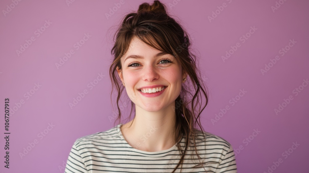 Cute woman with big smile, striped shirt, soft pastel purple background in a vibrant setting Cute woman with big smile, striped shirt, soft pastel purple background in a vibrant setting
