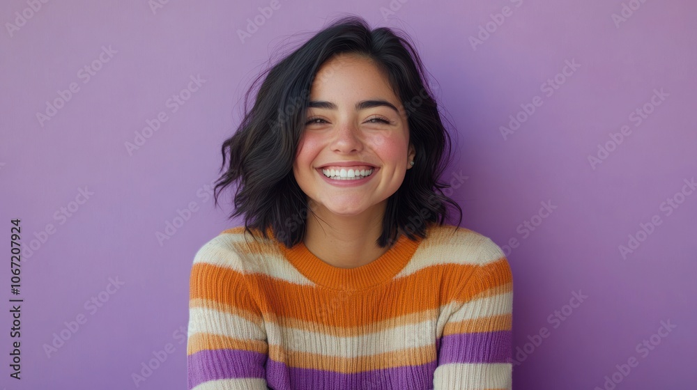 Fototapeta premium Cute woman with big smile, striped shirt, soft pastel purple background in a vibrant setting