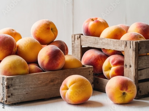 Fresh peaches stacked in a wooden crate at a summer farmer's market. photo