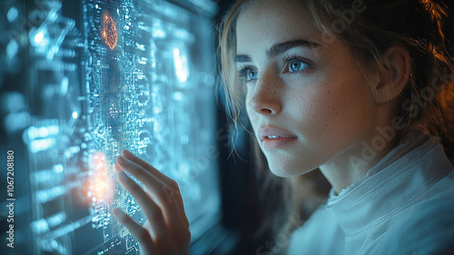 A Young Woman Interacts With a Futuristic Digital Interface in an Advanced Lab. Generative AI