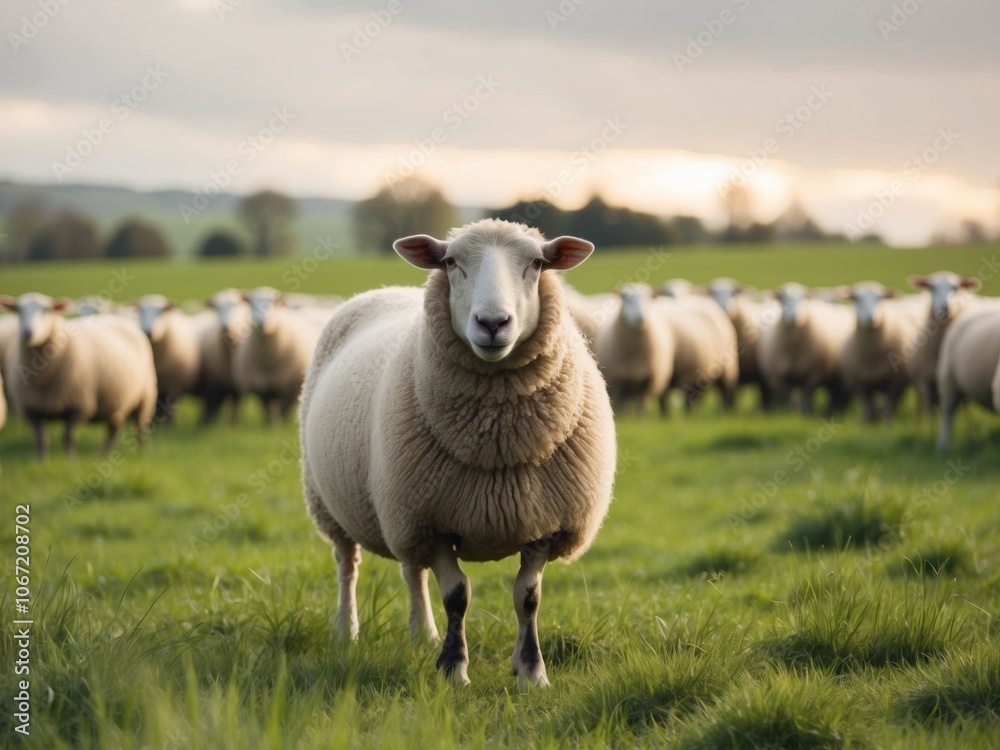 Fototapeta premium A sheep stands in a lush green field with grazing flock in the background under a cloudy sky.